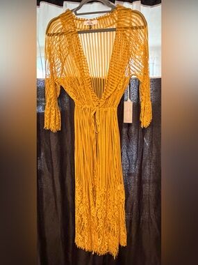 NWT Mustard Yellow Crochet Kimono - Boho Tie-Waist